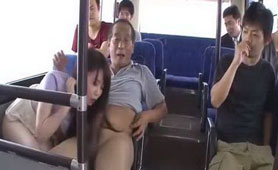 Shameless Busty Jav Girl with Hairy Pussy Seduces Old Man and Fucks Him In the Bus